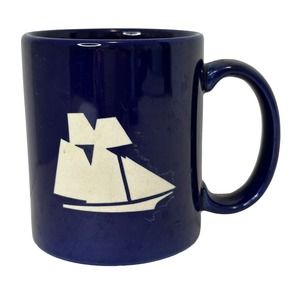 Nautical Sail Boat Style Mug Cup Deep Blue w/White Ship Boat Etched Stoneware Ma